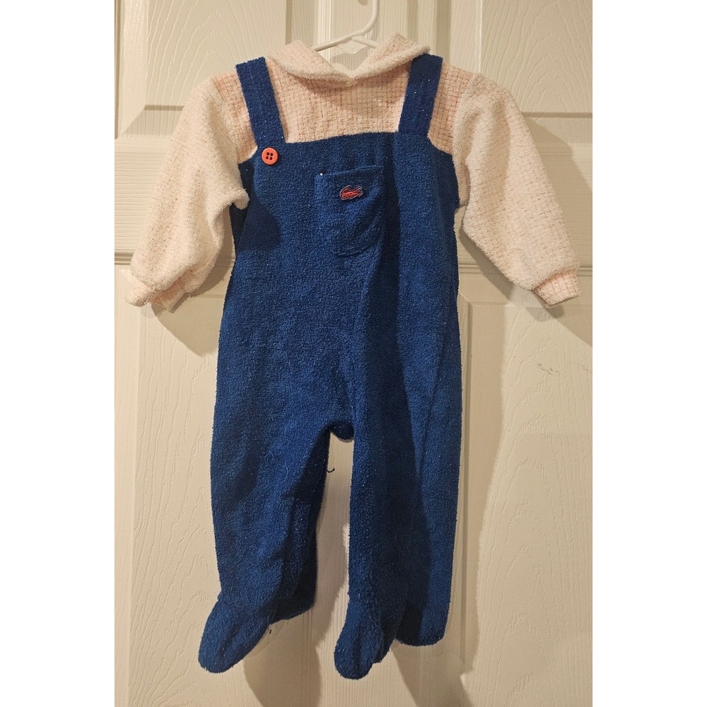 Vintage IZOD Lacoste Fleece Baby Sleeper‎ Overalls 12M Blue Footed 19-27lb Wear